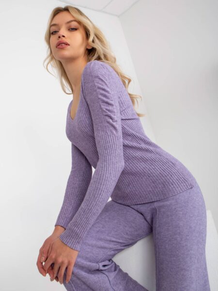Sweter klasyczny fioletowy casual dekolt w kształcie. V rękaw długi marszczenia materiał prążkowany
