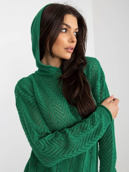 Sweter letni zielony casual ażurowy kaptur rękaw długi