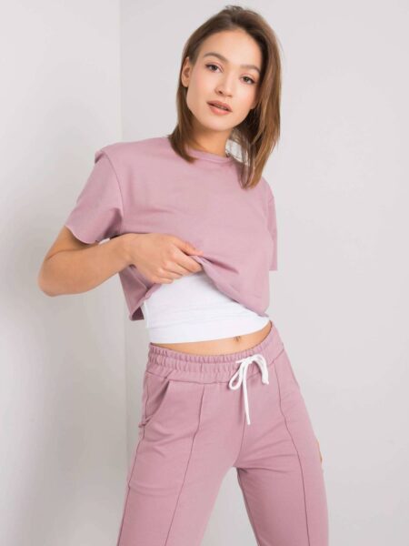 Komplet casualowy ciemny różowy casual sportowy top i bluza spodnie dekolt okrągły rękaw krótki nogawka ze ściągaczem długość długa troczki marszczenia