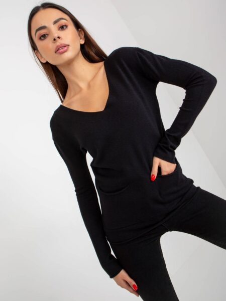 Sweter klasyczny czarny casual dekolt w kształcie. V rękaw długi kieszenie