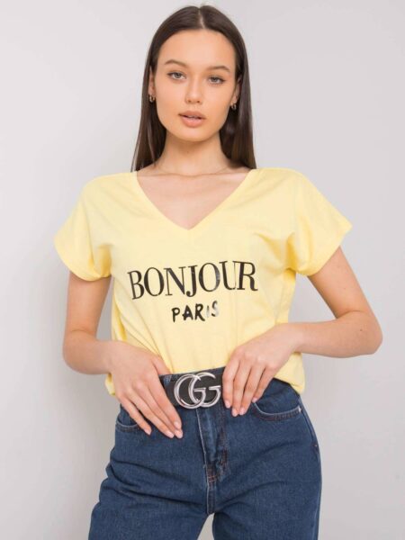 T-shirt z nadrukiem jasny żółty dekolt w kształcie. V[=]