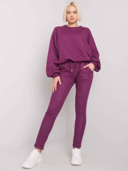 Komplet dresowy ciemny fioletowy casual bluza i spodnie dekolt okrągły rękaw długi nogawka prosta długość długa pikowanie troczki bufiasty