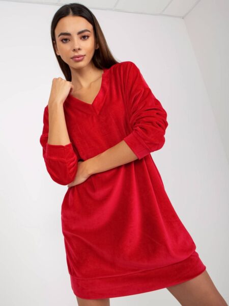 Tunika na co dzień czerwony sukienka codzienna dekolt w kształcie. V rękaw długi długość przed kolano kieszenie