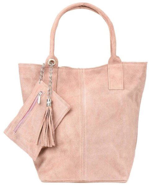 Pudrowo-różowa włoska torebka skórzana zamszowa. A4 shopperka różowy