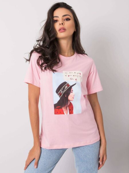 T-shirt z aplikacją różowy dekolt okrągły