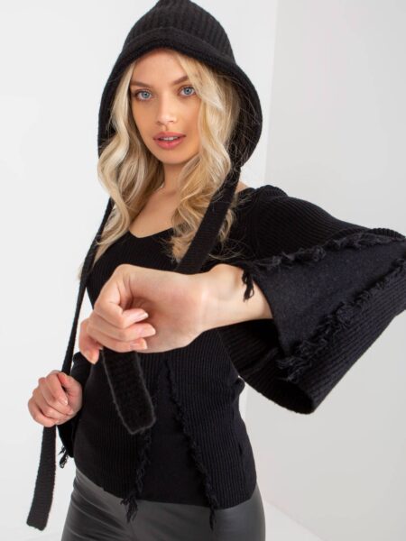 Sweter klasyczny czarny casual dekolt w kształcie. V rękaw długi frędzle materiał prążkowany
