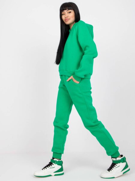 Komplet dresowy zielony casual bluza i spodnie kaptur rękaw długi nogawka ze ściągaczem długość długa