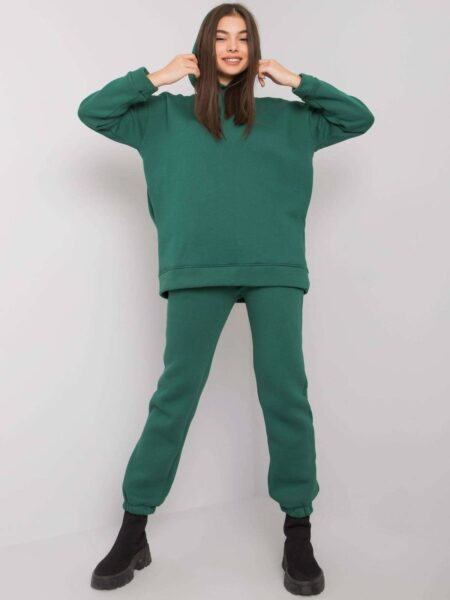 Komplet dresowy ciemny zielony casual sportowy bluza i spodnie kaptur rękaw długi nogawka ze ściągaczem długość długa
