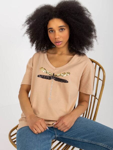 T-shirt z aplikacją camelowy casual dekolt w kształcie. V rękaw krótki cekiny cyrkonie