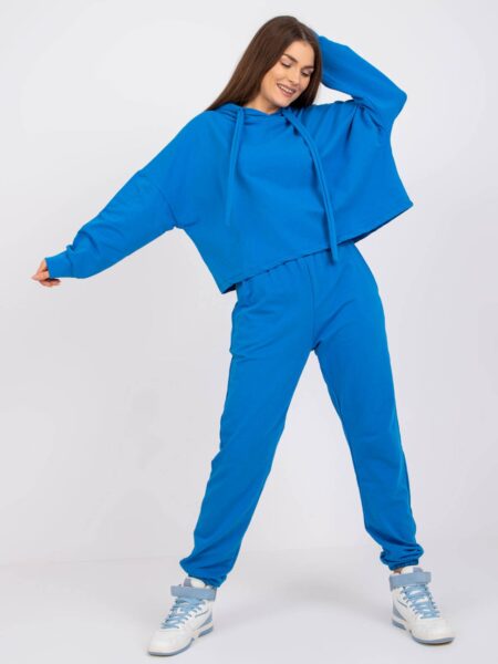 Komplet dresowy ciemny niebieski casual sportowy bluza i spodnie kaptur rękaw długi nogawka ze ściągaczem długość długa