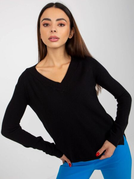 Sweter klasyczny czarny casual dekolt w kształcie. V rękaw długi