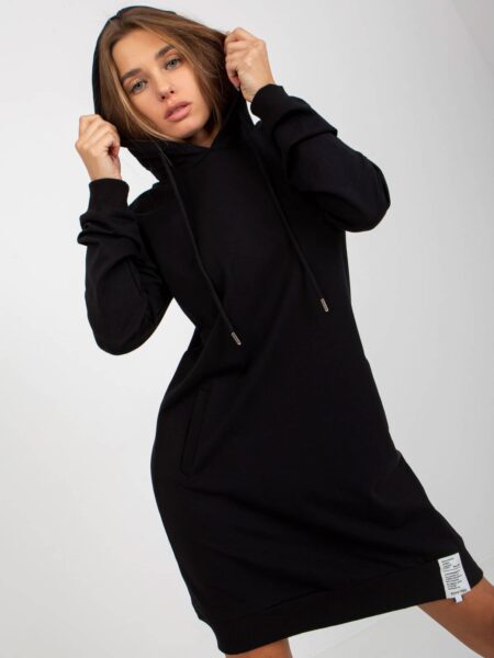 Tunika sportowa / dresowa czarny sukienka kaptur rękaw długi długość przed kolano kieszenie