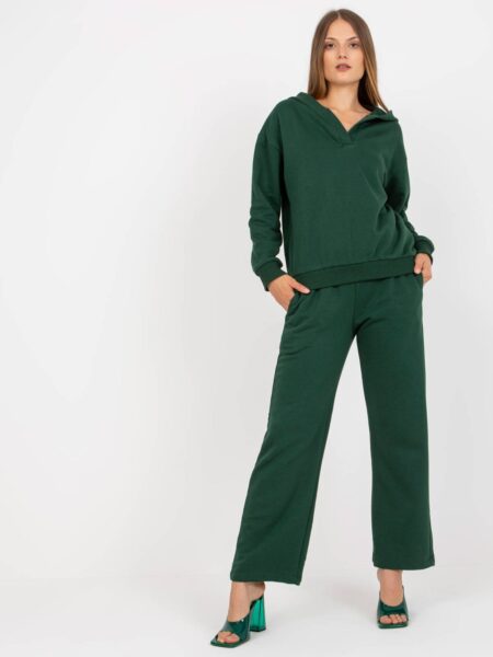 Komplet dresowy ciemny zielony casual bluza i spodnie kaptur rękaw długi nogawka szeroka długość długa