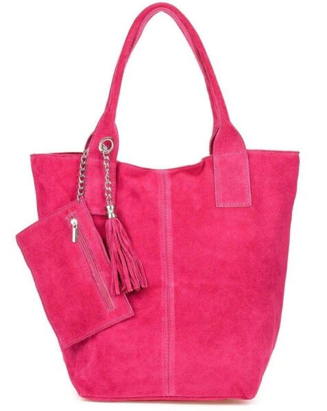 Różowa włoska torebka skórzana zamszowa. A4 shopperka różowy