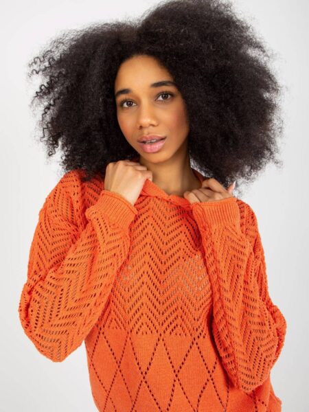 Sweter letni pomarańczowy casual ażurowy kaptur rękaw długi