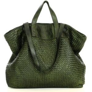 Torba damska pleciona shopper & shoulder leather bag - zielony militare