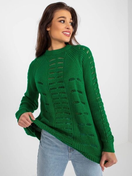 Sweter oversize zielony casual ażurowy dekolt okrągły rękaw długi długość długa
