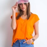 T-shirt jednokolorowy pomarańczowy casual dekolt w kształcie. V rękaw krótki
