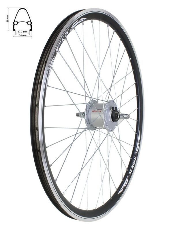 Koło przednie 26" obręcz stożkowa. XMX czarna piasta. Shimano z prądnicą