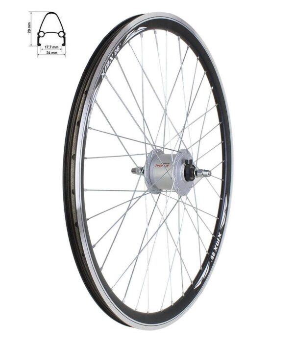 Koło przednie 28" obręcz stożkowa. XMX czarna piasta. Shimano z prądnicą