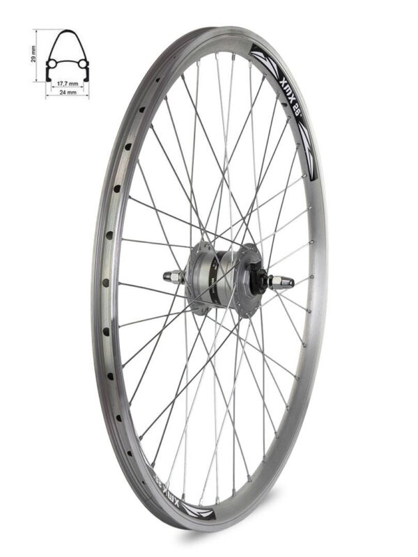 Koło przednie 26" obręcz stożek. Arriv srebrna,piasta. Shimano z prądnicą 3 W[=]